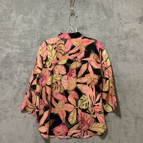 Chicos Top Women Large 2 Floral 100% Linen Button 3/4 Sleeve Collared Beachy - Picture 4 of 9